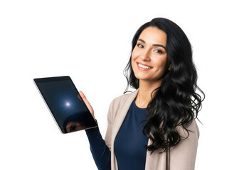 Confident young woman holding a tablet smiling joyfully with long dark wavy hair transparent background