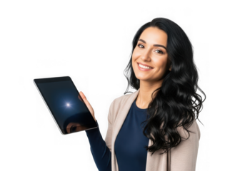 Confident young woman holding a tablet smiling joyfully with long dark wavy hair transparent background
