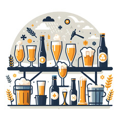 Minimalist flat illustration of a beer tap pouring a golden ale into a glass, symbolizing the final step in the brewing process, on a white background.