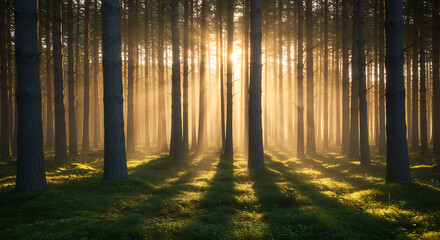 Fototapeta premium Beautiful golden sunbeams shine through a misty pine forest, casting long, dramatic shadows and creating a magical and serene atmosphere.