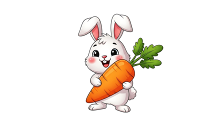 A cheerful cartoon rabbit holds a large carrot, showcasing a playful and simple design.