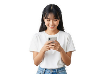 Young asian woman with long dark straight hair smiling while using smartphone portrait transparent background