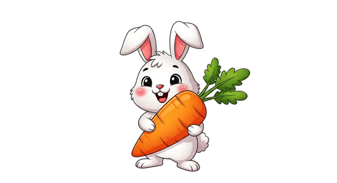 A cheerful cartoon rabbit holds a large carrot, showcasing a playful and simple design.