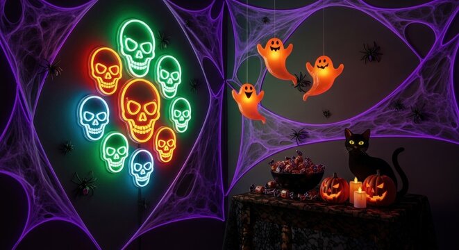 Spooky halloween decorations with neon skulls ghosts and black cat - Powered by Adobe