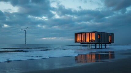 Modern beach house with illuminated windows on a stormy coast