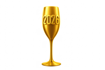 Golden champagne glass celebrating new year 2026 on transparent background