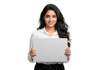 Young indian woman with long dark hair smiling holding a blank sign with copy space transparent background