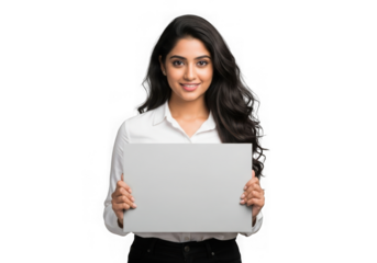 Young indian woman with long dark hair smiling holding a blank sign with copy space transparent background