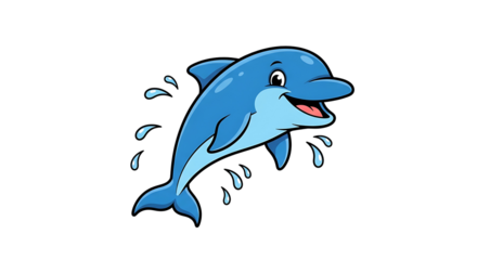 A joyful cartoon dolphin leaps playfully, splashing water droplets against a dark background.