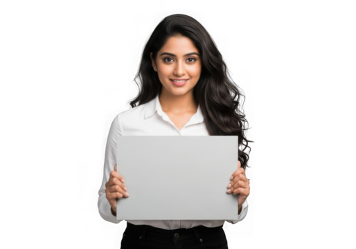 Young indian woman with long dark hair smiling holding a blank sign with copy space transparent background