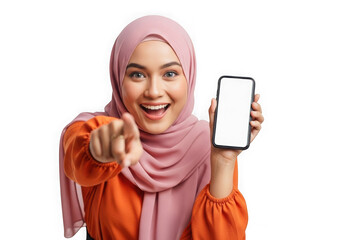 Young woman in pink hijab and orange top points to phone screen transparent background