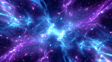 Fototapeta premium Neon blue and purple light streaks warp to center, fast starburst tunnel, smooth 4K loop background for sci fi titles and intros