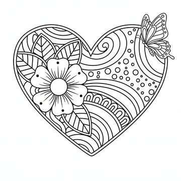 A heart with flower and butterfly zentangle patterns. Love, nature, and adult coloring concept. An intricately designed heart for mindful coloring.