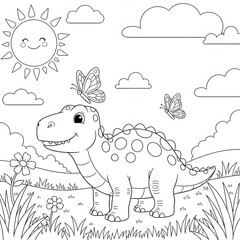 Obraz premium A friendly dinosaur in a sunny meadow. Cute prehistoric animal for children's coloring. A happy cartoon dinosaur with butterflies and flowers.