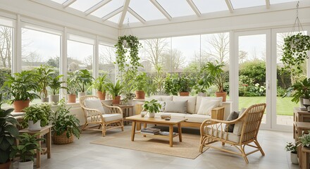 Sunlit modern living room in a beautiful glass conservatory, tastefully decorated with numerous green plants for a fresh and relaxing home interior