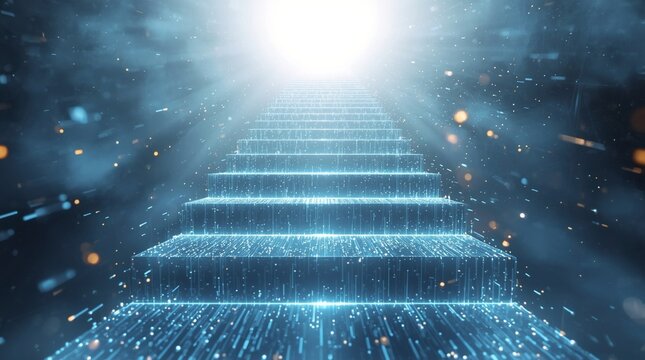 Abstract futuristic glowing staircase rising into radiant light, digital neon steps in cyberspace, sci-fi vision of ascension, virtual technology background with luminous energy particles