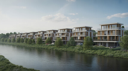 Modern riverside apartments with wooden accents in soft daylight