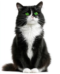 A fluffy black and white cat with striking green eyes sits upright, centered against a plain white backdrop. Its expression is serious and noble