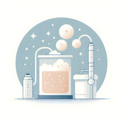 Minimalist flat illustration of a fermentation process with yeast bubbles, illustrating the magic of fermentation in the beer brewing process, on a white background.