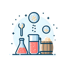Minimalist flat illustration of a fermentation process with yeast bubbles, illustrating the magic of fermentation in the beer brewing process, on a white background.