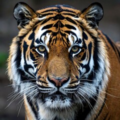 Fototapeta premium Close-up of a tiger's intense face, striking stripes and vibrant colors