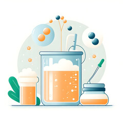 Minimalist flat illustration of a fermentation process with yeast bubbles, illustrating the magic of fermentation in the beer brewing process, on a white background.