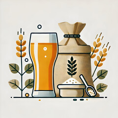 Minimalist flat illustration of a glass of freshly brewed beer next to a grain sack, showcasing the link between ingredients and final product, on a white background.