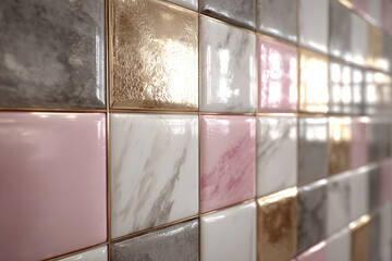 Glossy ceramic tiles with soft reflections on a neutral luxury backdrop