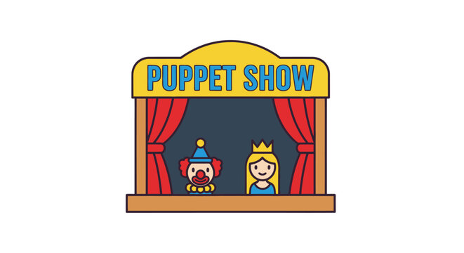 Colorful puppet show theater stage with clown and princess hand puppets and red curtains.