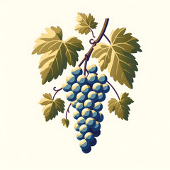 Minimalist flat illustration of a grapevine close-up with clusters of ripe grapes, focusing on the natural detail and texture, on a white background.