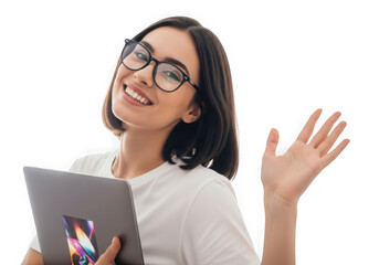 Young woman with dark hair wearing glasses holding a tablet waving hello joyfully transparent background