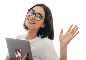 Young woman with dark hair wearing glasses holding a tablet waving hello joyfully transparent background