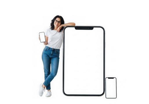 Young woman with dark wavy hair and glasses poses beside large smartphone screen transparent background