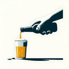 Minimalist flat illustration of a hand pouring beer into a glass, showcasing the crisp, refreshing moment of serving a freshly brewed beer, on a white background.