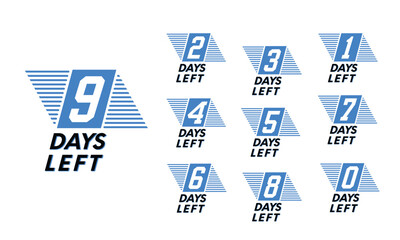 5, 2, 3, 4, 1, 6, 7, 8, 9, 0 days left badge arrow template. Left time in days countdown motivation and inspiration label layout set 3