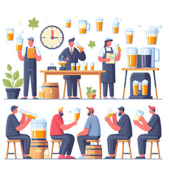 Minimalist flat illustration of a homebrewer enjoying a quiet moment while sipping a homemade brew in their backyard, embodying the relaxation aspect of homebrewing, on a white background.