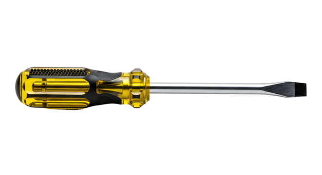 A close-up view of a screwdriver with a bright yellow handle and a metallic shaft, presented against a black backdrop.
