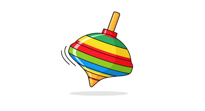 A colorful striped spinning top toy a classic childrens toy illustrated in motion with a shadow.