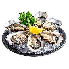 Transparent PNG available Fresh oysters on ice with lemon and parsley isolated on white background. transparent 