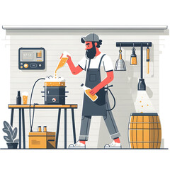 Minimalist flat illustration of a homebrewer enjoying a quiet moment while sipping a homemade brew in their backyard, embodying the relaxation aspect of homebrewing, on a white background.