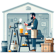 Minimalist flat illustration of a homebrewer enjoying a quiet moment while sipping a homemade brew in their backyard, embodying the relaxation aspect of homebrewing, on a white background.