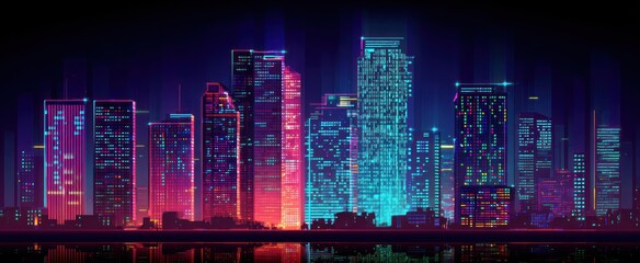Glowing, futuristic city skyline at night, with red and blue lights reflecting in the water, conveying a vibrant, modern urban landscape