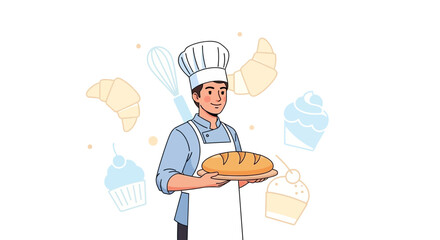 Cheerful Baker Proudly Displaying Delicious Freshly Baked Loaf Of Bread Smiling Happily