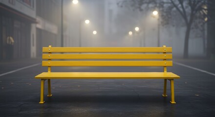 Yellow bench sits in the middle of a wet foggy street lined with lampposts