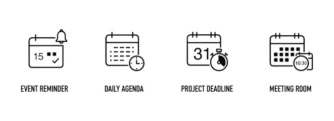 Fototapeta premium Event Reminder, Daily Agenda, Project Deadline, Meeting Room Icons Vector Illustration