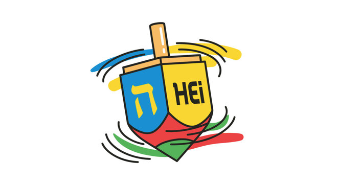 Colorful Dreidel Spinning with Hebrew Letters and Swirling Lines.