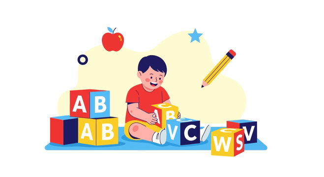 Child Exploring Education With Blocks and Learning, Brightly Illustrated Design