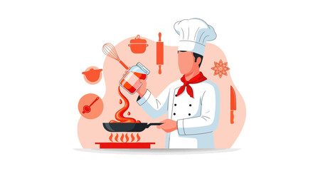 Chef Adding Flavorful Sauce to Dish with Kitchen Tools, A Gastronomic Composition