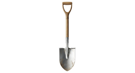 A sturdy shovel with a light brown handle and a gray metal blade stands out against a dark backdrop.
