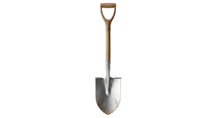 A sturdy shovel with a light brown handle and a gray metal blade stands out against a dark backdrop.